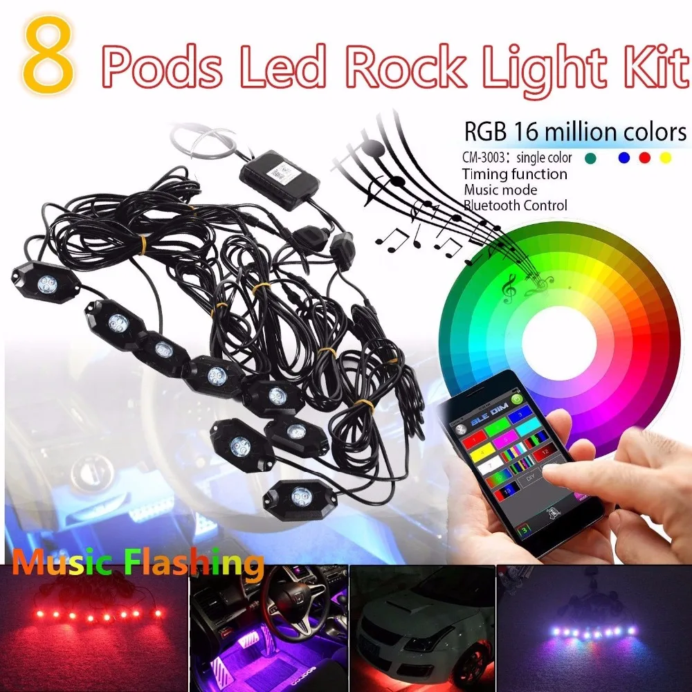 

8 Pods LED Rock Light RGB Color Changeable Bluetooth Control Music Flash Offroad