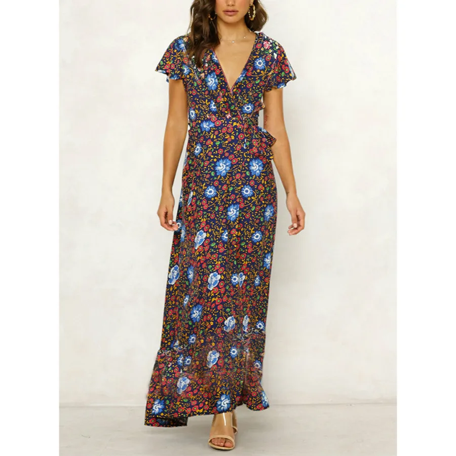 

Sexy Women Maxi Long Dress Summer Sexy V-Neck Beach Dress Floral Print Boho Short Sleeve Evening Party Dress Female Vestidos