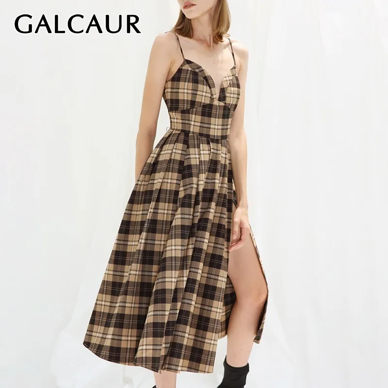 GALCAUR Summer Streetwear Plaid Hit Color Women Dress V Neck Spaghetti Strap High Waist Split Hem Mid Calf A-line Dresses 2019 | Женская