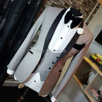 Ceny Męskie Garnitury ślubne 2019 Slim Fit Prawdziwe Groomsmen Jasnoszary Szal Lapel Garnitur Pana Młodego Mężczyzna Smoking Blazer ślub/garnitury Na Bal 3 Sztuk