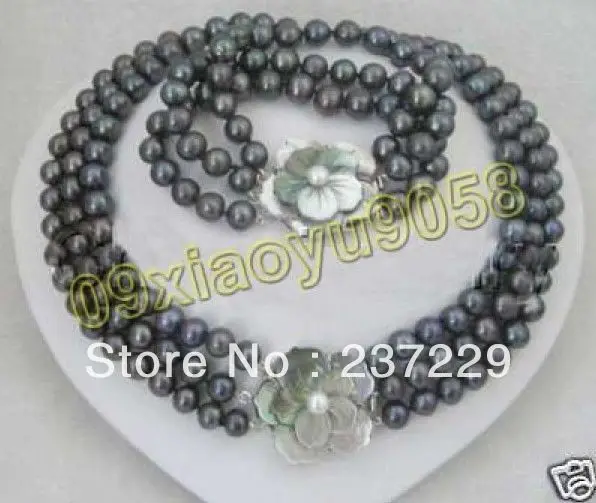 

Hot sell Noble- Wholesale price Fast shipping + aset 3row 7-8m black tahitian pearl necklace+shell clasp (A0516)