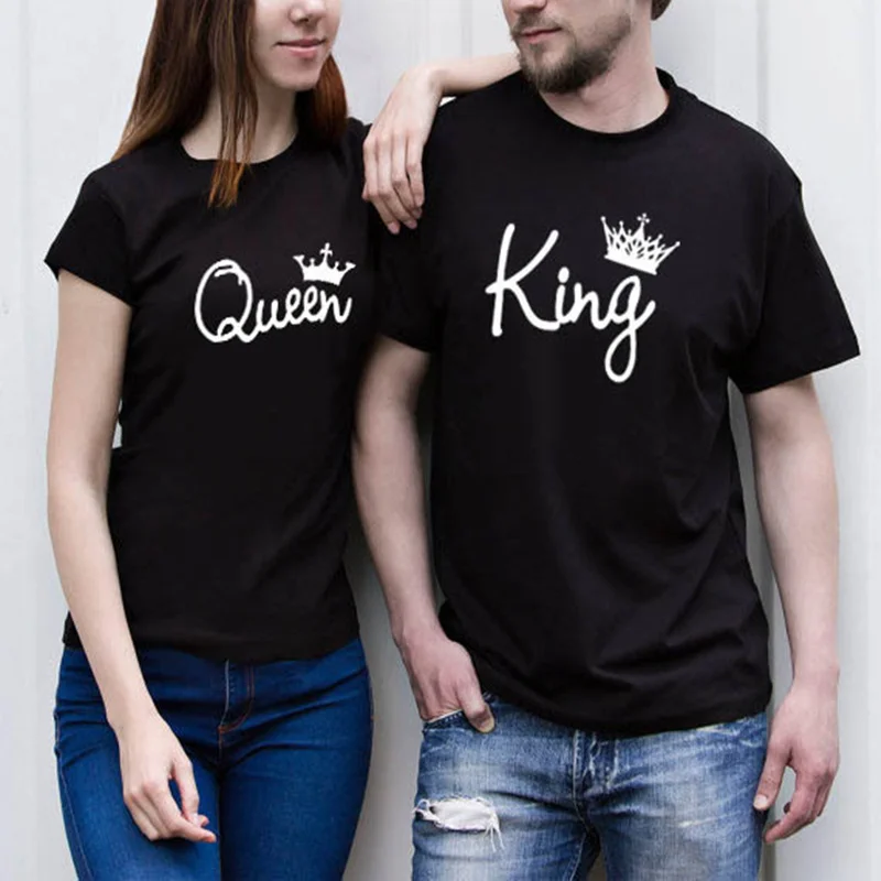 

2018 Plus Size Cotton T Shirt Summer Women Men T-shirt Street Style Tee Unisex Crown Print Couple Tops King Queen T shirt
