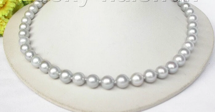 

18" 10mm luster Gray round pearls necklace ladybug 925 silver clasp j8320