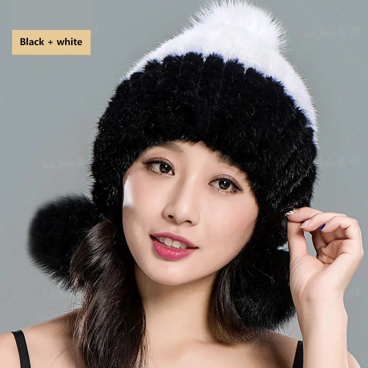 Freeander шарик из меха норки шапка для женщин Зимняя черная белая теплая шапка, защищающая уши настоящая мода вязаные помпоны Женская бини - Цвет: as pic