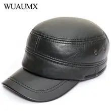 Wuaumx натуральная коровья кожа армейские кепки для мужчин осень зима мужская Кепка из коровьей кожи с ушками клапаном настоящая воловья Плоская верхняя бейсбольная кепка