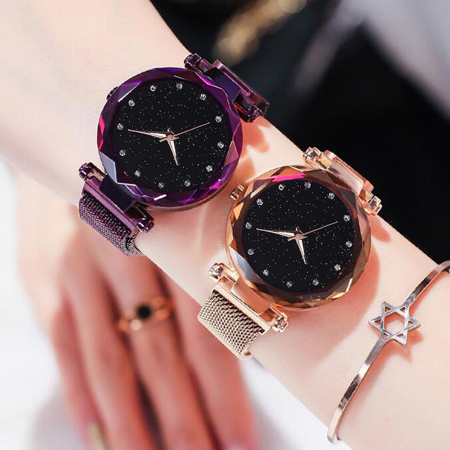 Top Brand Watches For Women Rose Gold Mesh Magnet Buckle Starry Quartz Watch Geometric Surface Casual Women Quartz Wristwatch