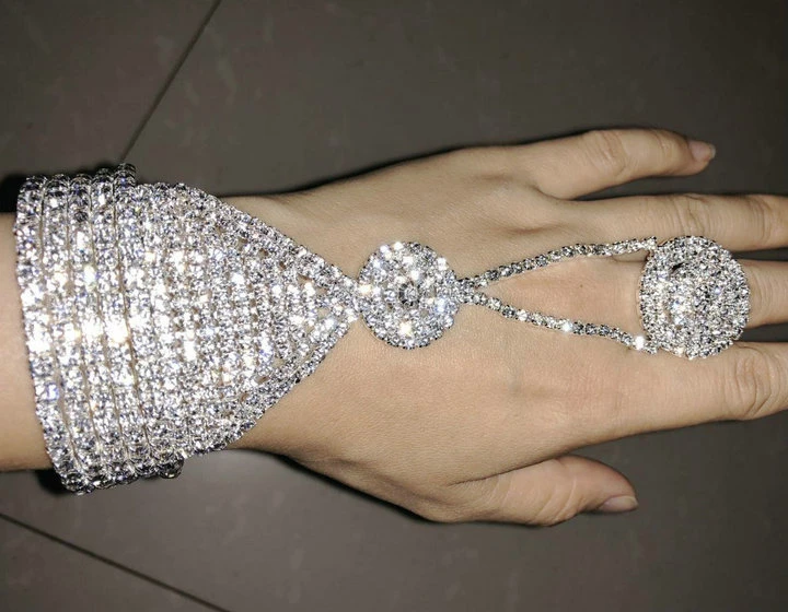 Rhinestone Bangle Chain Link Finger Ring Wedding Bride Wristband Bracelet 