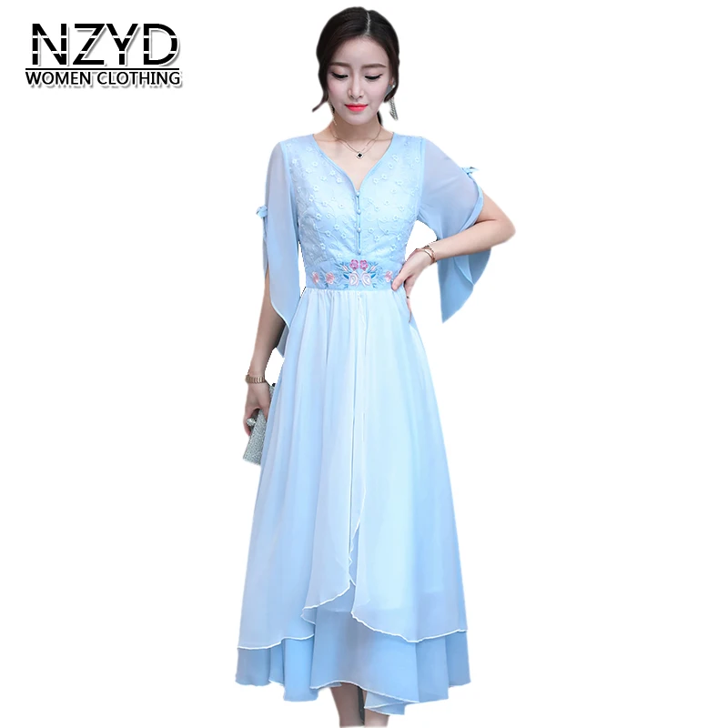 

2018 Vintage Celebrity Style Summer Women Dress V-neck Pullover Short sleeve A-line Dress 2 Colors Slim Female Dress NZYD316