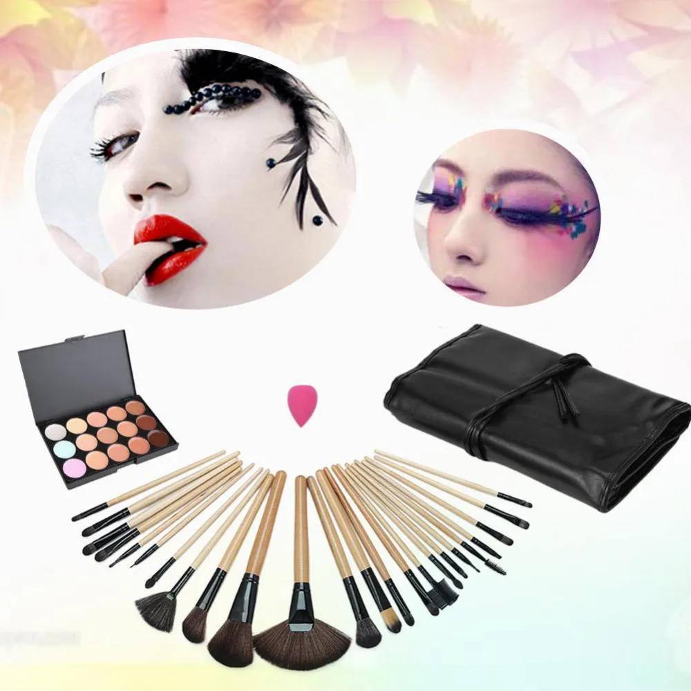 

24Pcs Tool Cosmetic Makeup Brushes Set Foundation eyeshadow powder Blush PU Leather Case wood Handle Clearing Toiletries