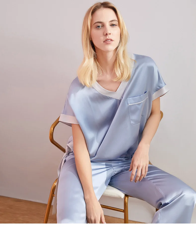 PIXY мягкая пижама 100% шелк пижамный комплект Loungewear для женщин домашняя одежда атласные пижамы фиолетовый Pijama Mujer голубой сна