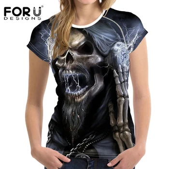 

FORUDESIGNS Cool Skull Women T Shirts For Teenager Girls Short Sleeved Women Tops Bodybuilding Slim Female Shirt Woman Clothes