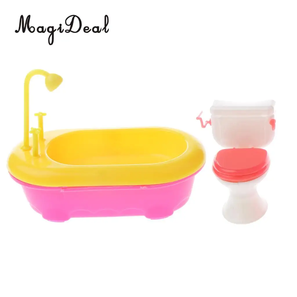 1Set 1/6 Miniature Bathtub+Toilet Model Dollhouse Miniature Bathroom Furniture for Dolls Acc Kids Children Role Playing Toys