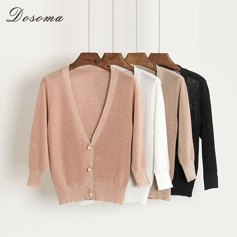 2018 Women Pearl Knitted Cardigans Summer Metal Color V-neck Three Quarters Sleeve Sweater Female Pink Thin Spring Outwear |