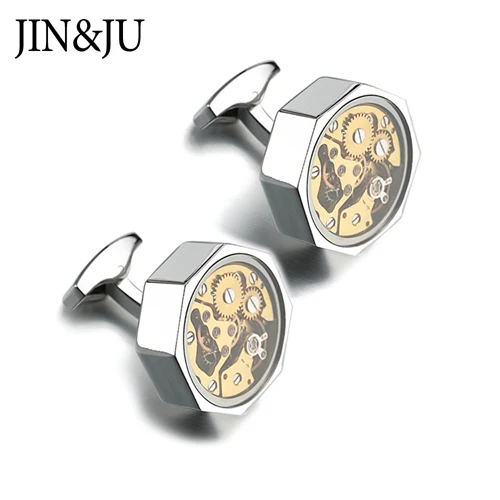 JIN& JU, мужские ювелирные изделия, низкий ключ, роскошные золотые часы, движение, мужские запонки, со стеклом, в стиле стимпанк, механизм часов, запонки для мужчин s - Окраска металла: Silver Color
