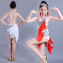 Girls Tassel Flower Dancing Dresses Latin Competition Stage Dress Kids Dance Practice rumba Clothes Latin Ballroom Dance Wear
