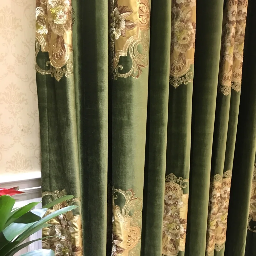 Роскошная вышивка бархат евро темно-зеленая драпировка занавески панели ткань обивка ткань 280 см Широкий рельс-roaded по Повтор