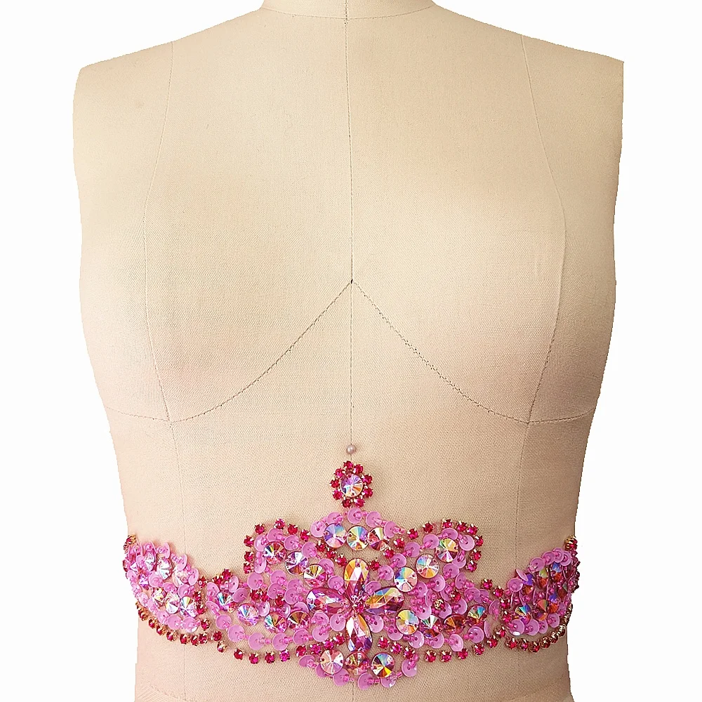 

Unique 3x30cm Pink Clear Color Sew on Rhinestones Belt Applique Trim Crystals Patches Sewing for Dress DIY Manual Accessories