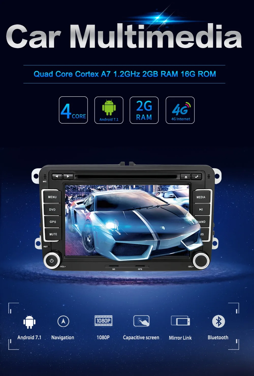 Clearance Quad core 2 Din Android 8.1 Car DVD radio GPS Navigation For Volkswagen GOLF 4 5 6 POLO PASSAT TIGUAN Wifi+Bluetooth+Radio+GPS 2
