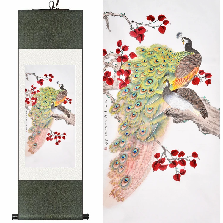 

Chinese Silk watercolor flower bird Peacock phoenix ink art print feng shui canvas wall picture damask framed scroll painting