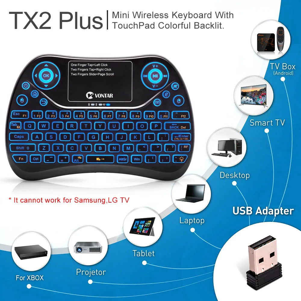 VONTAR TX2 Plus Air mouse QWTREY Keyboard 2,4G Беспроводная Мини-Клавиатура Тачпад Fly mouse с подсветкой Android tv BOX X96mini X96