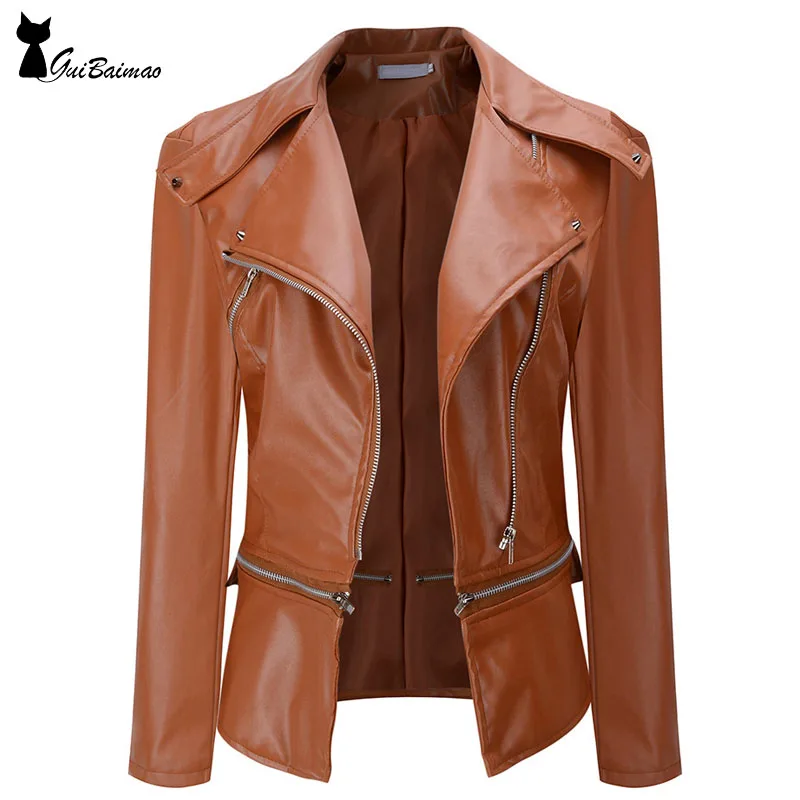 Manches down Faux Noir Moto De Zip Col Turn army Longues kaki Veste orange Femmes Avec À Cuir Green nqIRw0qzO