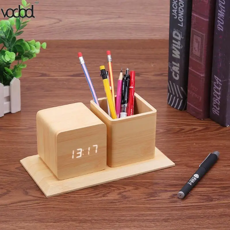

Smart Electronic LED Sound Control Alarm Clock Calendar Temperature Display Pencil Pen Holder Office Desk Organizer Hot Sale