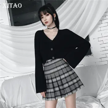 

XITAO Sheath Slim Sweater Korea Fashion New Single Breasted Wild Joker Flare Sleeve Elegant Knitted 2019 WLD2293