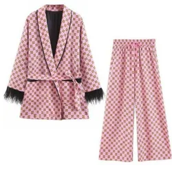 Conjunto de pijama de dos piezas para mujer, conjunto de Kimono de plumas con estampado geométrico rosa, chaqueta vertical y pantalones de pierna ancha, para primavera y verano
