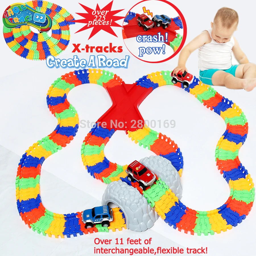 Magic Track Build-A-Road with Over 11 Feet of Interchangeable bend Flexible X-Track set with 2 elec