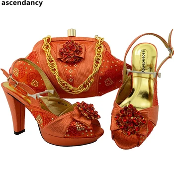

Orange Color Italian Shoes with Matching Bags Nigerian Shoes and Matching Bags Set Decorated with Appliques African Wedding Shoe