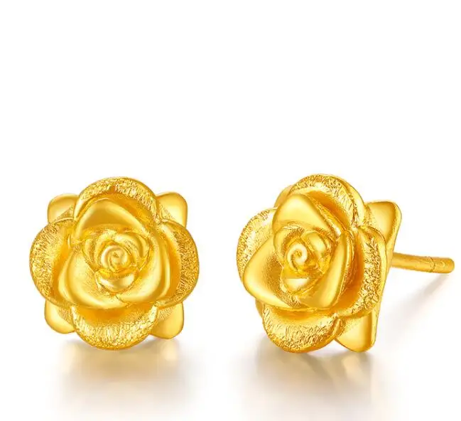 Твердые 24 К желтого золота серьги Для женщин розы серьги стержня 1,36 г - Окраска металла: 24K Yellow Gold