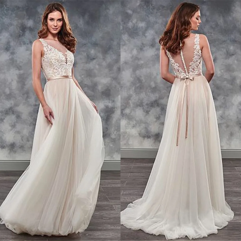 

Classic Sleeveless Wedding Dress A-Line O-Neck Illusion Back Design Floor Length Bridal Gowns with Belt Robe De Mariage