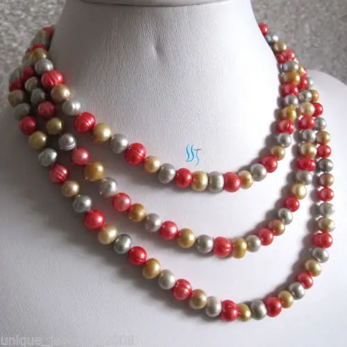 

bjc 0001786 50" 6-8mm Multi Color Freshwater Pearl Necklace Gray Champagne Red (C0309)