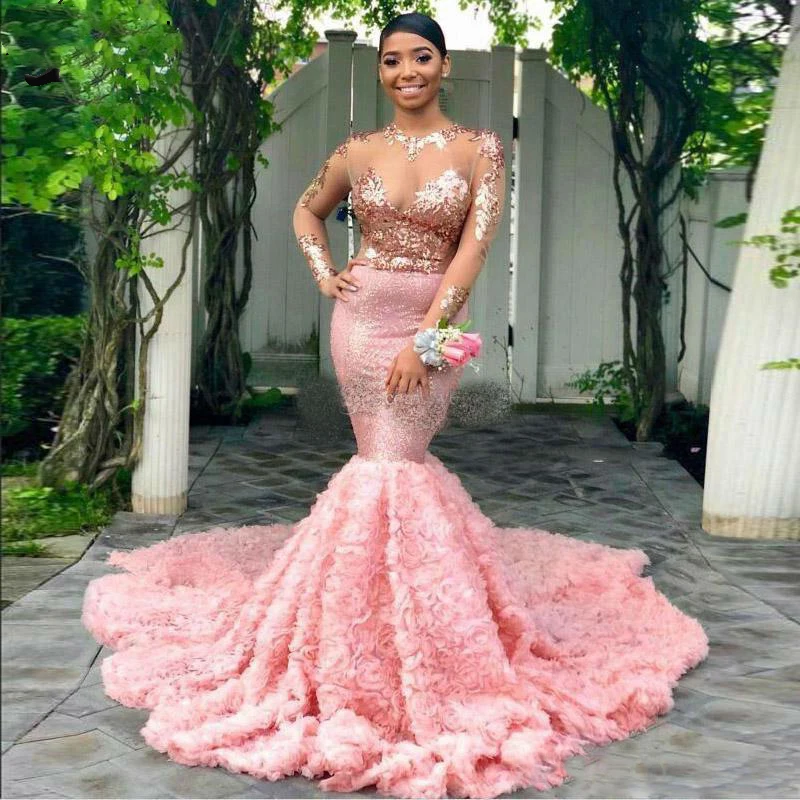 

2019 Pink Mermaid Prom Dresses Sheer Top With Appliques Evening Gowns Illusion Long Sleeves Rose Ruched Sweep Train Formal Dress