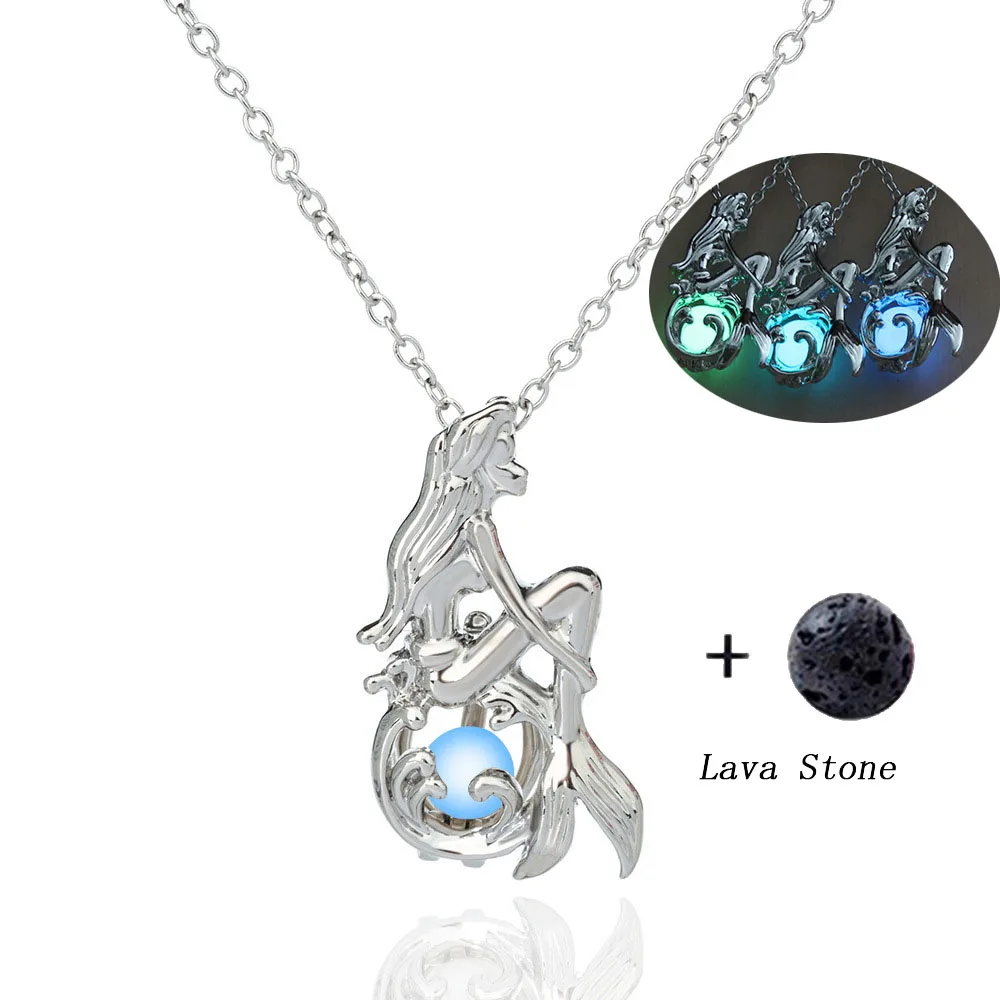 

Mermaid Glow in the Dark Necklace with Natural Lava Stone Essential Oil Aromatherapy Locket Necklace Jewelry for Unisex
