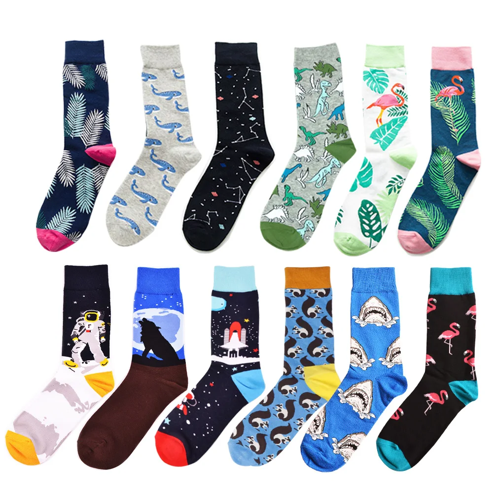 Цветные повседневные мужские носки с забавным динозавром, акулой, хлопковые нарядные носки, новинка, мужские свадебные носки с космическим космонавтом, созвездием