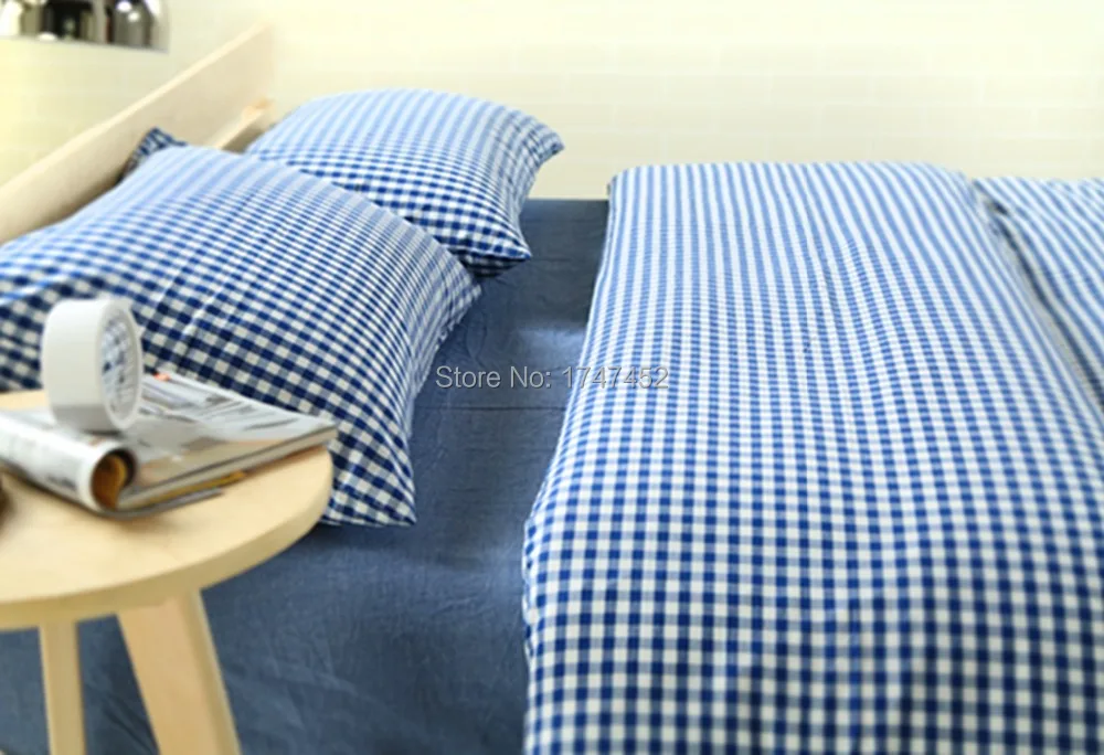 100 Cotton Washed Yarn Dyed 1cm Blue Check Duvet Cover Set 1