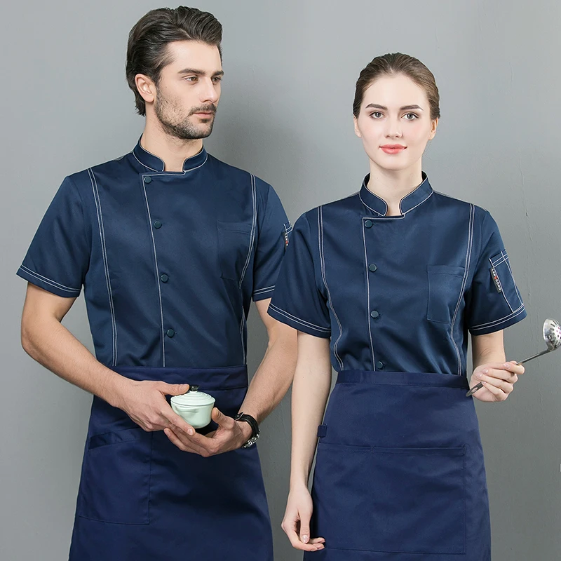 Unisex Chef Coat Short Sleeve Denim Jacket Men Cook Waiter Tops Uniform Workwear 