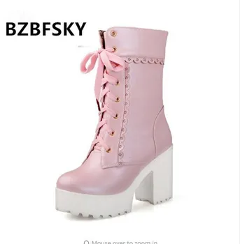 

2019 Ruffles Women Wedding Boots Shoes Black White Pink Lace Up Chunky Block Square High Heels Thick Platform Gothic Boots