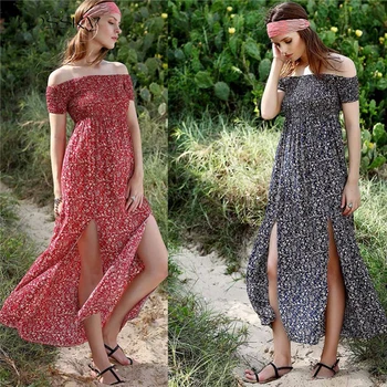

LOSSKY Summer Long Dress Boho Chi Women Floral Printed Backless Off Shoulder Slash Neck Strapless Pleate Asymmetrical Slit Dress