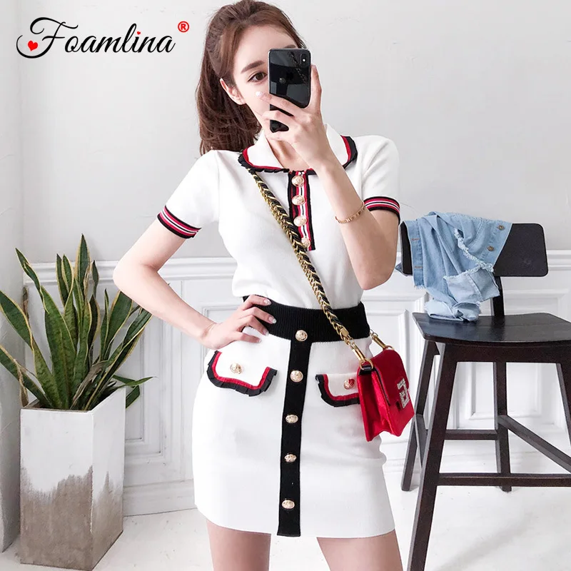 

Elegant Women's Two Pieces Set 2019 New Summer Short Sleeve Knitted Top + Elastic Waist Buttons Mini Pencil Skirt Suits 2pcs Set