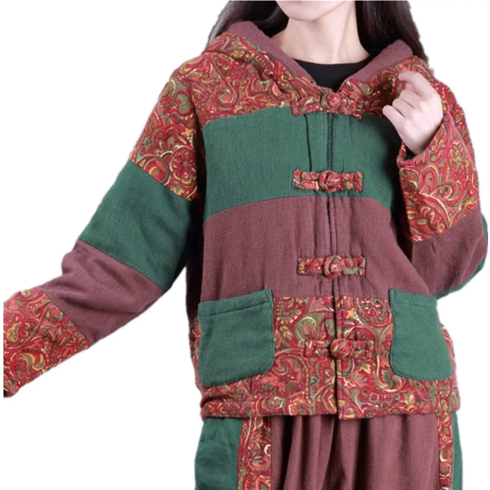 YESNO TS8 Women Short Quilted Hooded Jacket Retro Traditional Ethnic