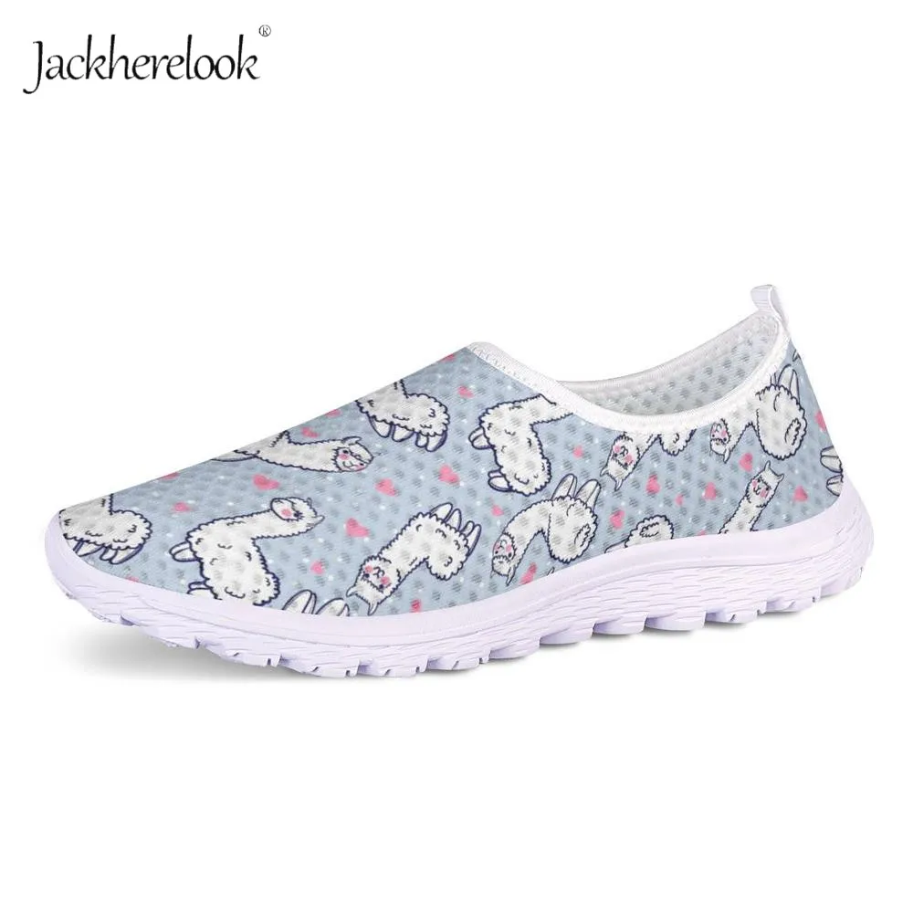 

Jackherelook Cute Alpaca Llama Print Women Summer Slip on Flats Sneakers Light Weight Breathable Mesh Shoes Tennis Gym Plus Size