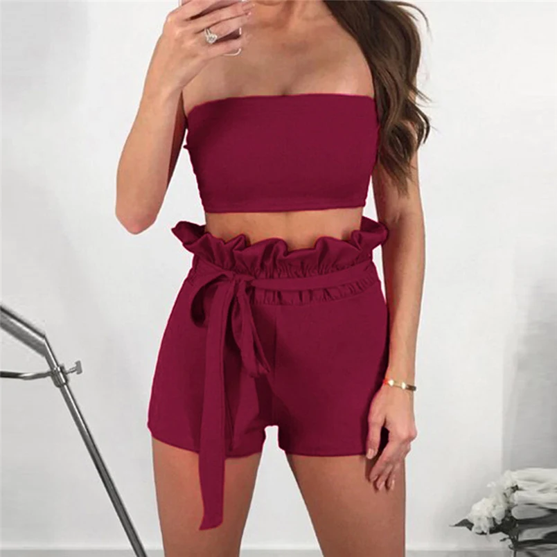 Sexy Women Summer New Brand Sets Solid Off The Shoulder Sleeveless Beach Hot Sale Vest Blouse + Shorts Two-Piece Outfit #J25 (11)