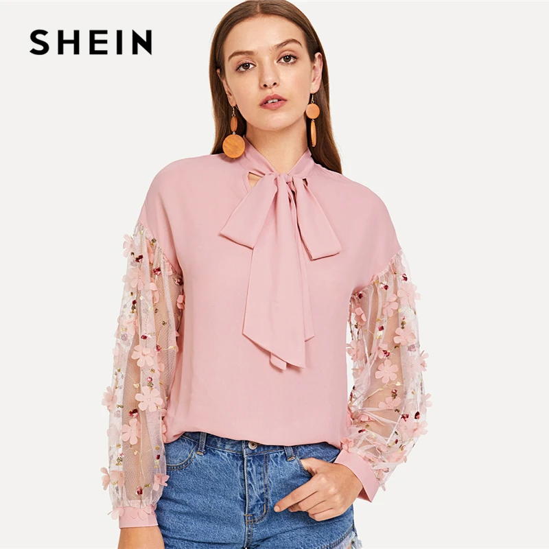 Aliexpress.com : Buy SHEIN Workwear Pink Floral Appliques Mesh Tie Neck ...