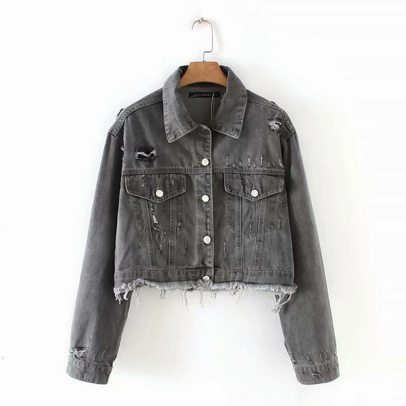 

Spring Short Denim Jacket Women Hole Coat Jeans Jacket BF Harajuku Loose Outwear High Street Casual Basic Coat