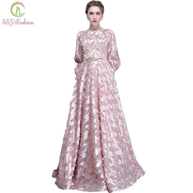 

SSYFashion New Simple Evening Gown The Bride Long Sleeved Pink Elegant Banquet Long Party Formal Dresses Custom Robe De Soiree