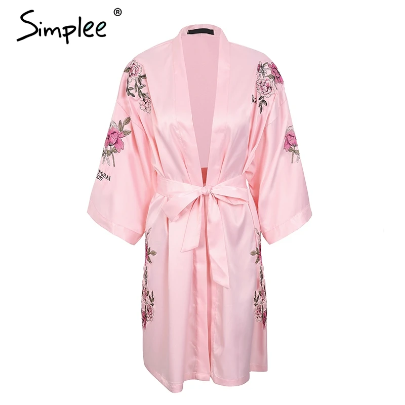 

Simplee Elegant sleepwear Kimono Robe Pink floral embroidery robe female Rayon kimono night dress sexy satin Robe