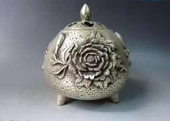 

China silver carved fine three Peony flower Incense burner censer Statue