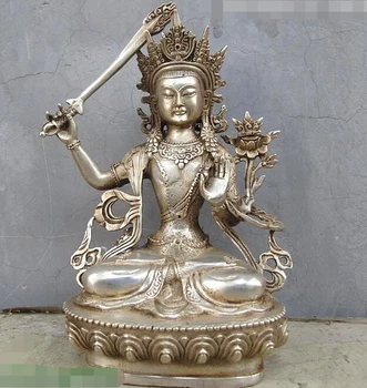 

Tibet temple White Bronze Silver Manjusri Kwan-Yin Buddha Statue 22cm